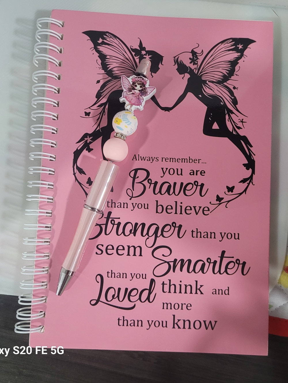 Hand Crafted Pink Fairy Inspirational Spiral Notebook with Matching Beaded Pen
